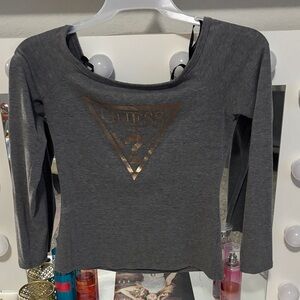 Guess Women's Charcoal Long Sleeve Tee with Gold Logo